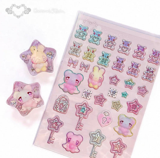 {caramel rain} bear button star key puffy sticker