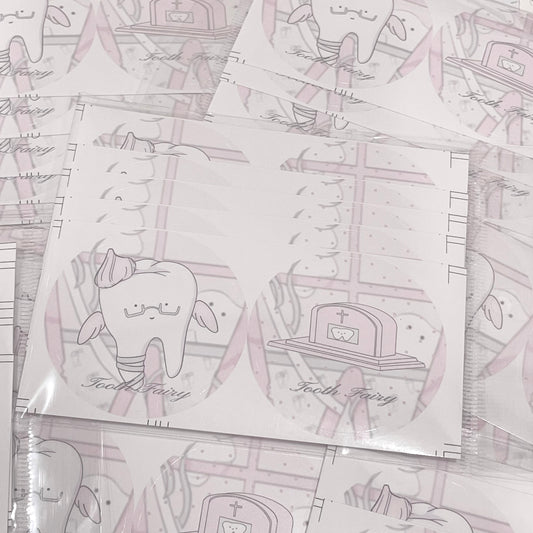 {curl cat} little dentist tooth fairy round die cut sticker