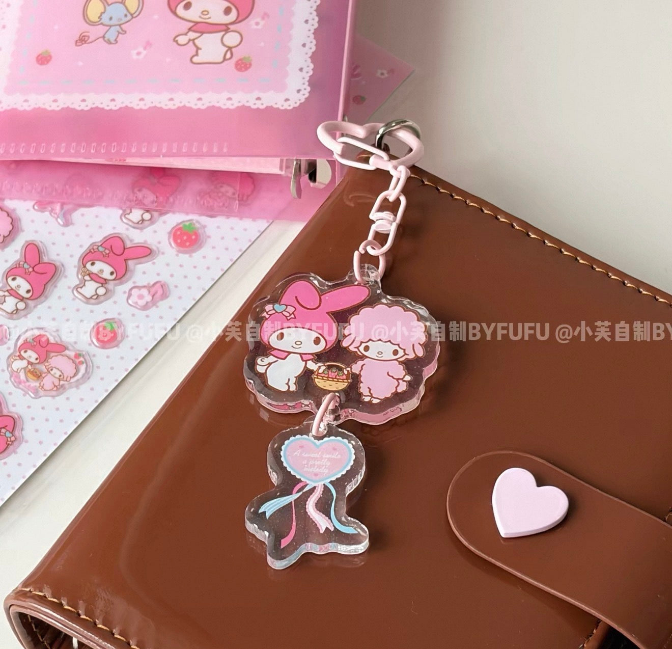 {byfufu} my melody and piano strawberry epoxy keychain