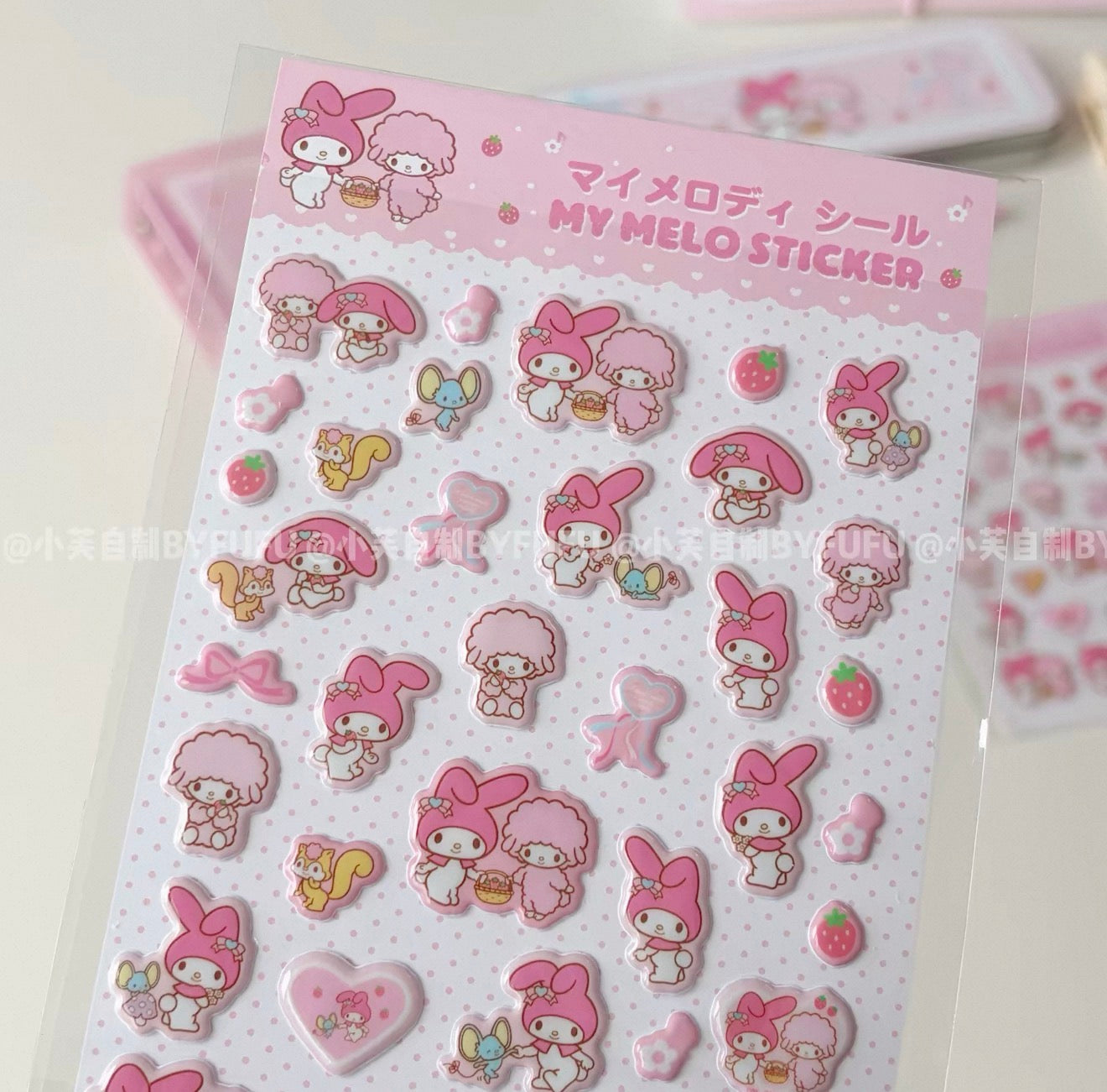 {byfufu} my melody and piano strawberry puffy/epoxy sticker