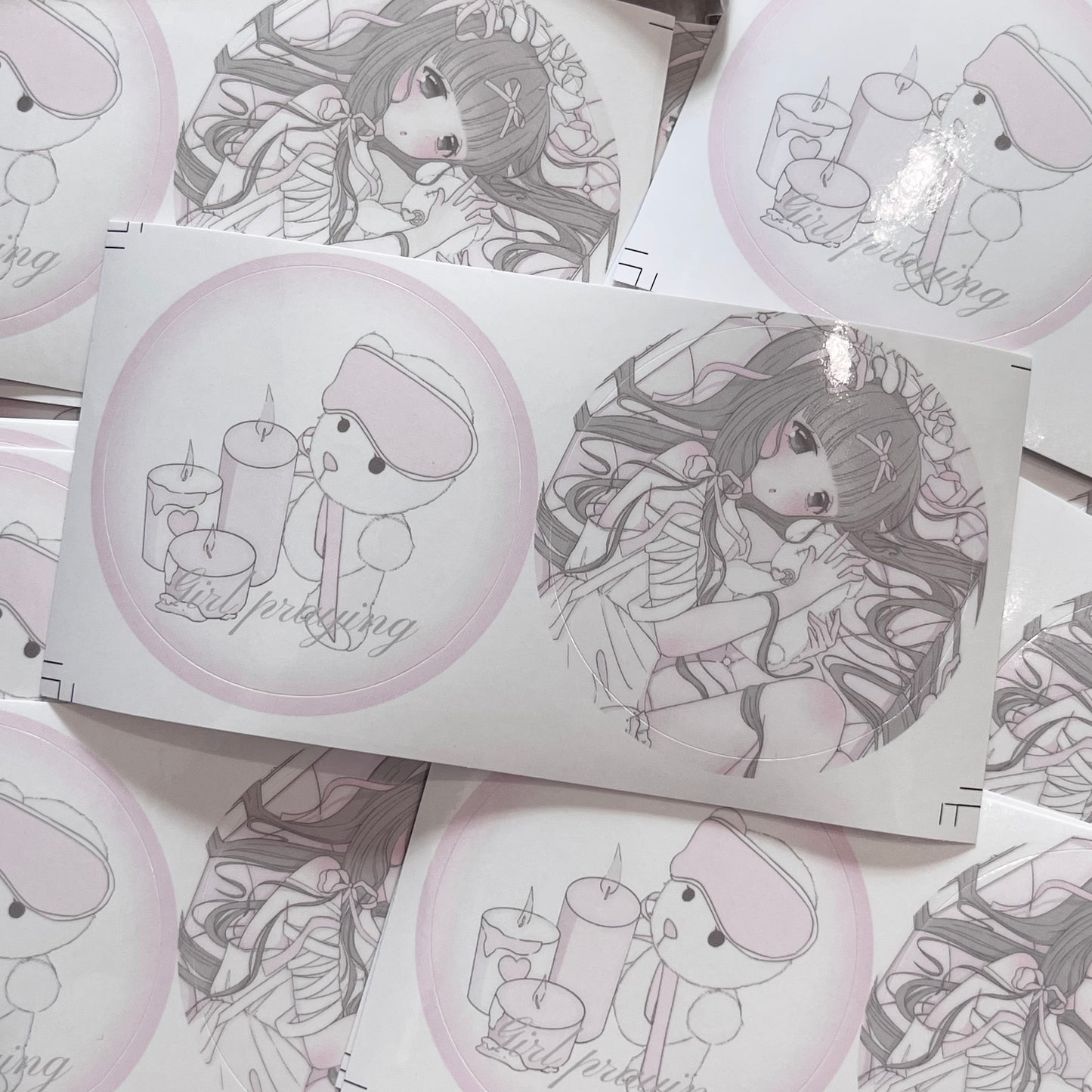 {curl cat} girls prayer (BEAR) round diecut sticker sheets